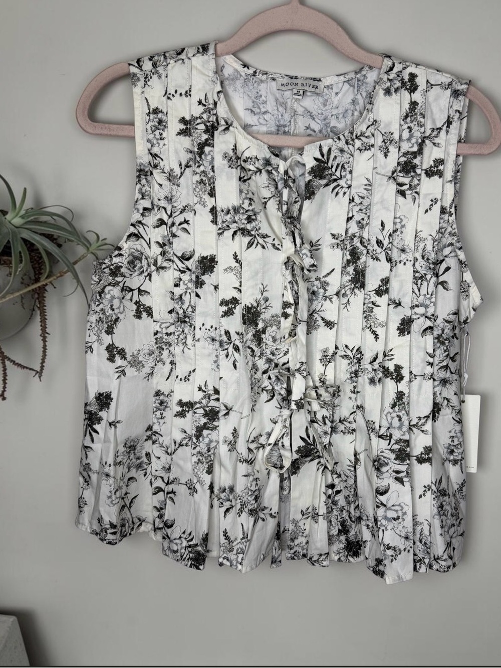 Moon River Black and White Floral Pleated Tie-Front Camisole